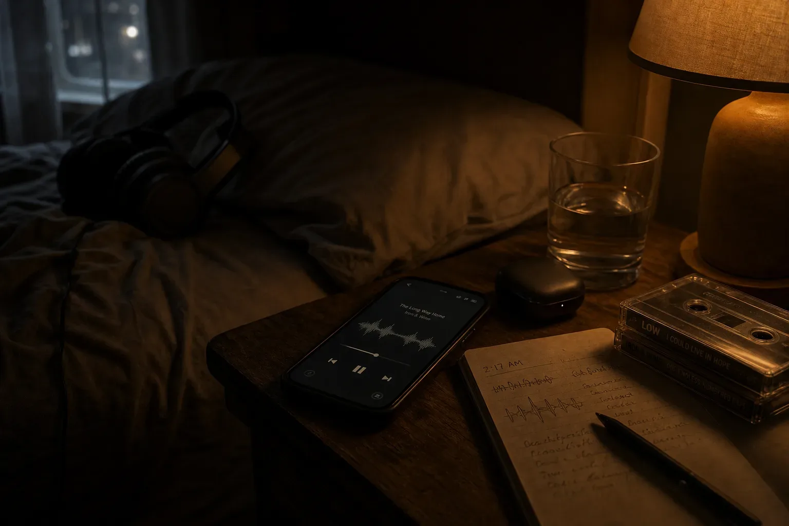 Phone playing soft affirmations beside a bed