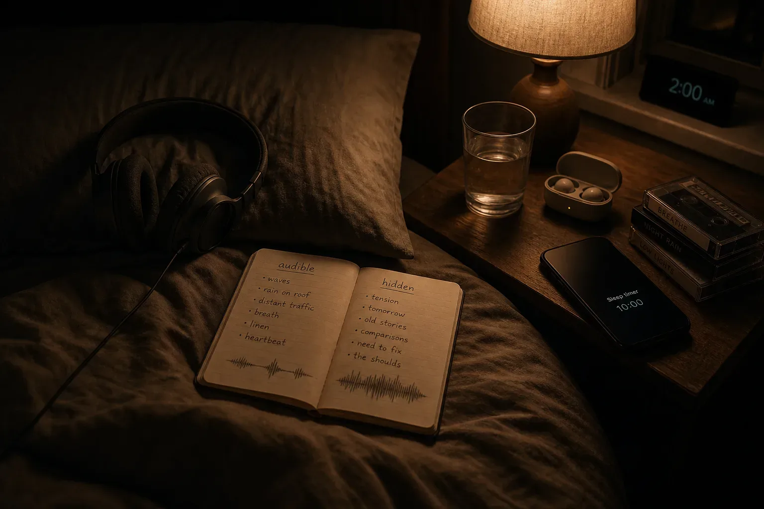 Bedside headphones beside a dim notebook