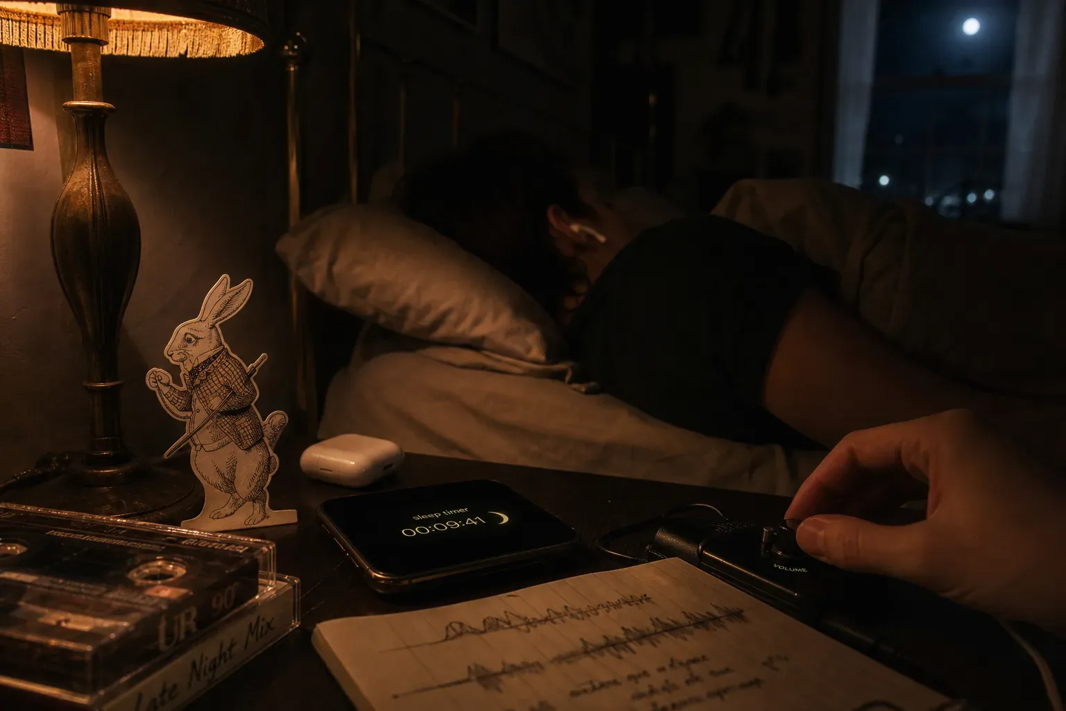 Person listening quietly under covers at night