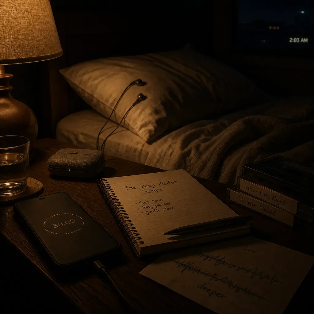 Bedside audio setup with timer and script
