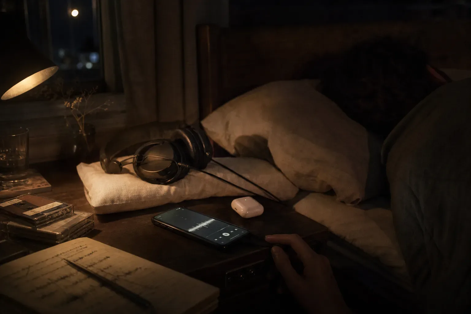 Person sleeping beside soft audio waveform