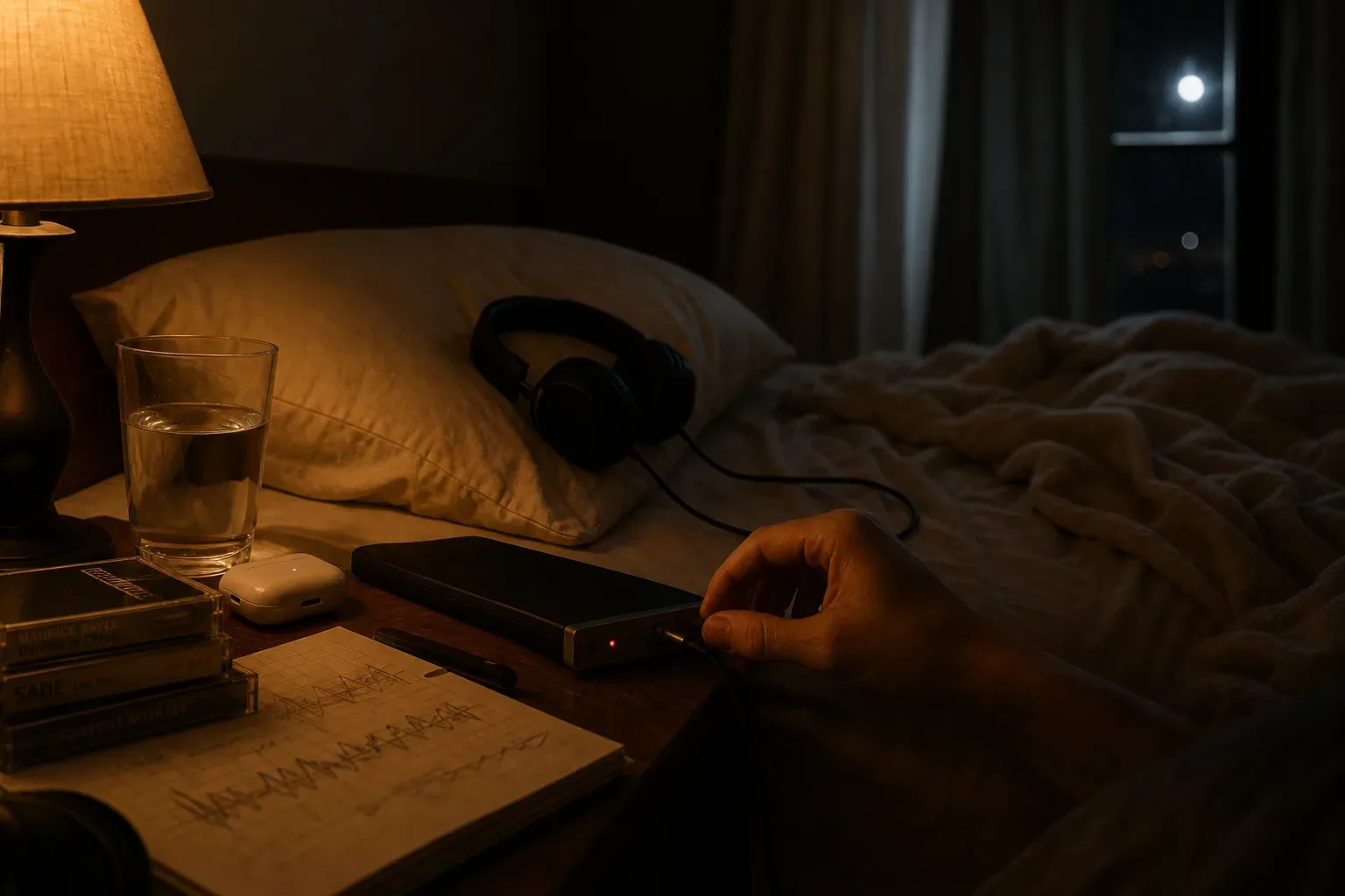 Phone playing soft audio beside a sleeping bed
