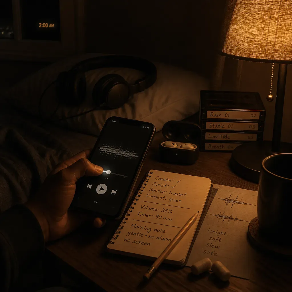 Notebook checklist beside a sleep audio player