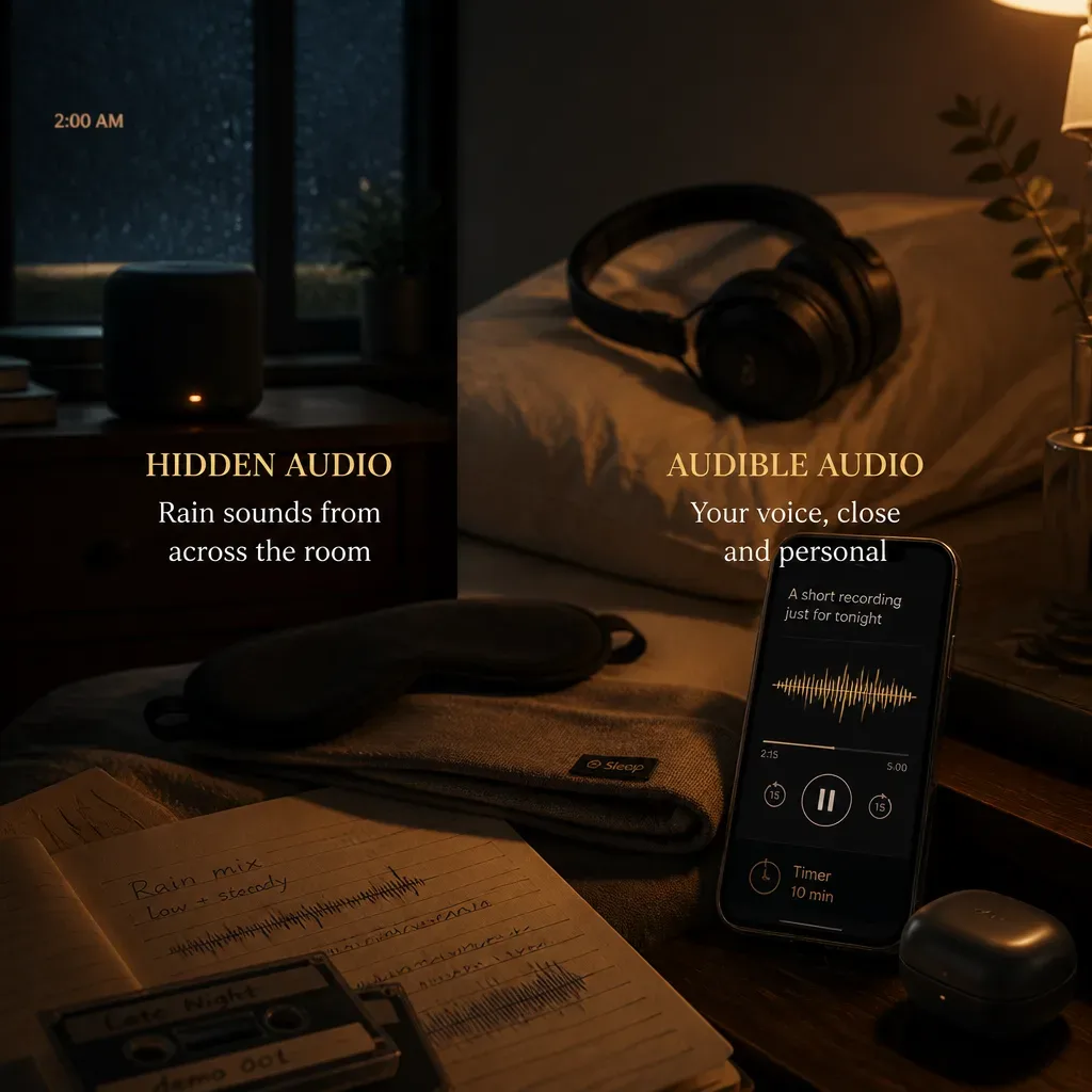 Speaker and personal audio recording beside bed