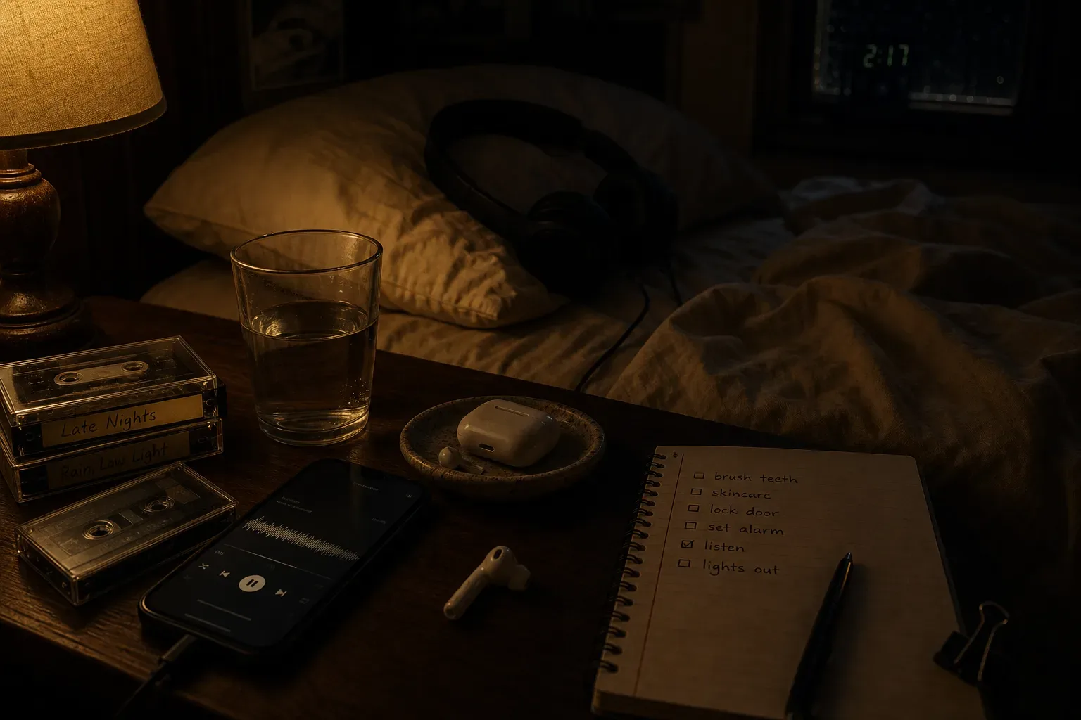 Phone playing soft audio beside a dim bed