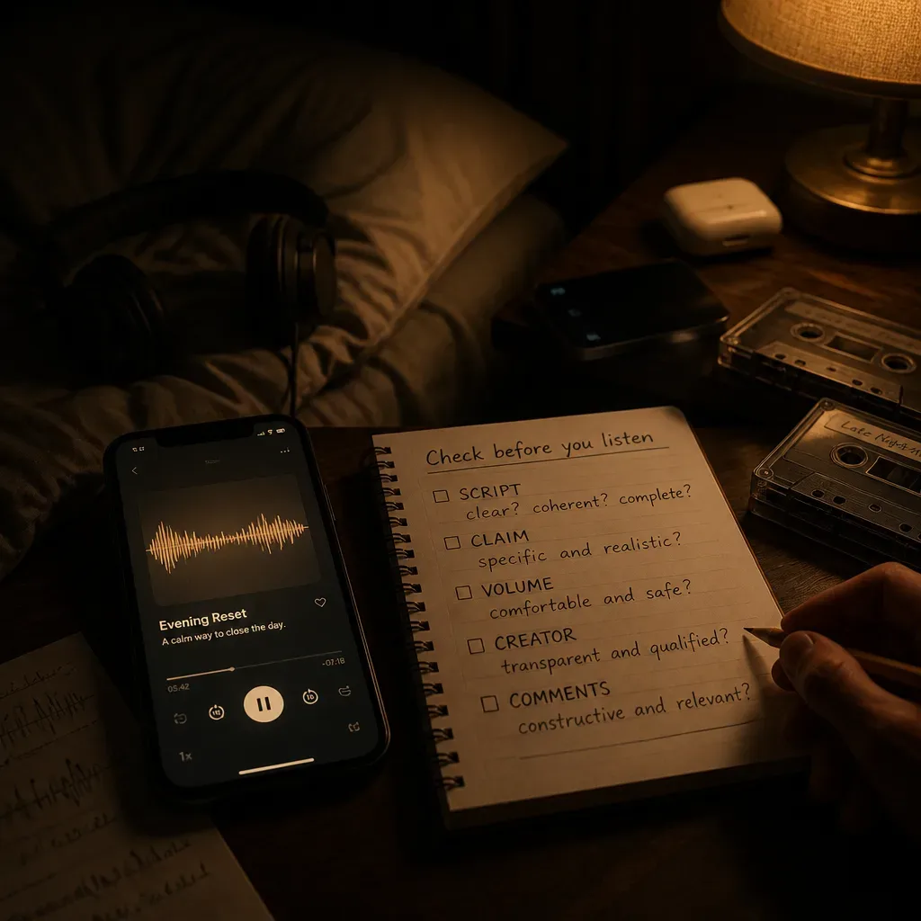 Notebook checklist beside a subliminal audio track