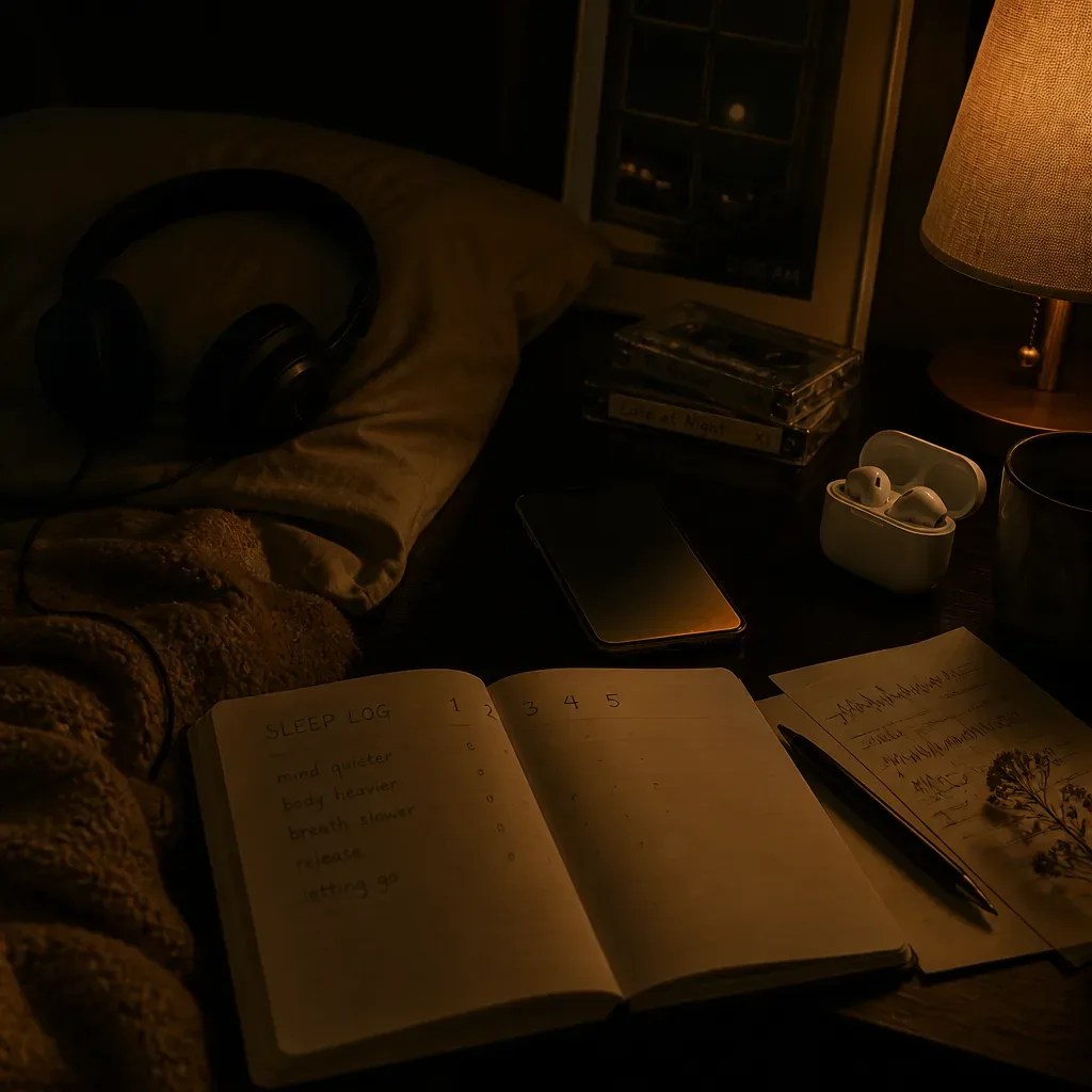 Sleep log beside unused earbuds at night
