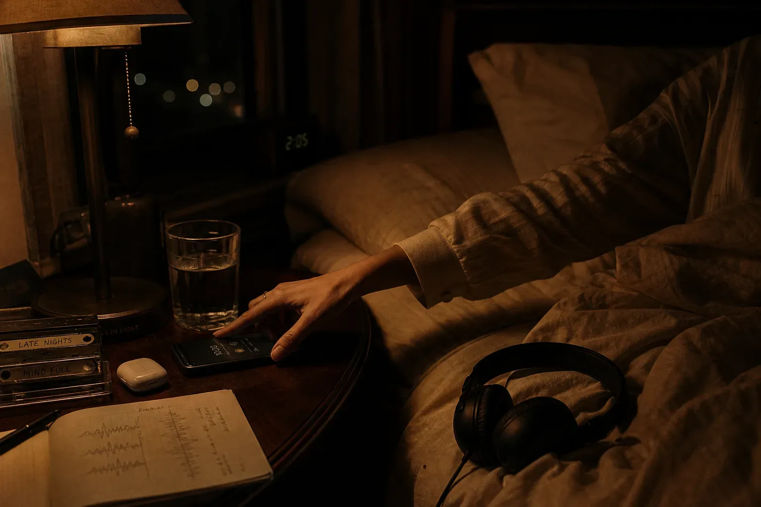 Person setting soft audio before sleep