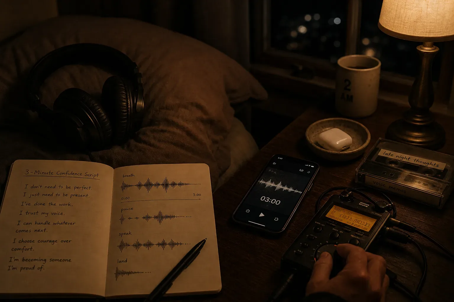 Headphones beside a notebook in low bedroom light