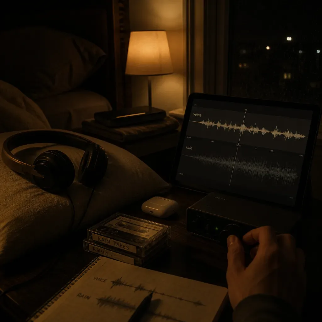 Bedroom audio setup with visible waveform tracks