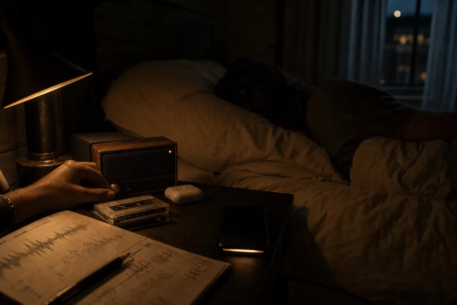 Person listening to soft audio before sleep