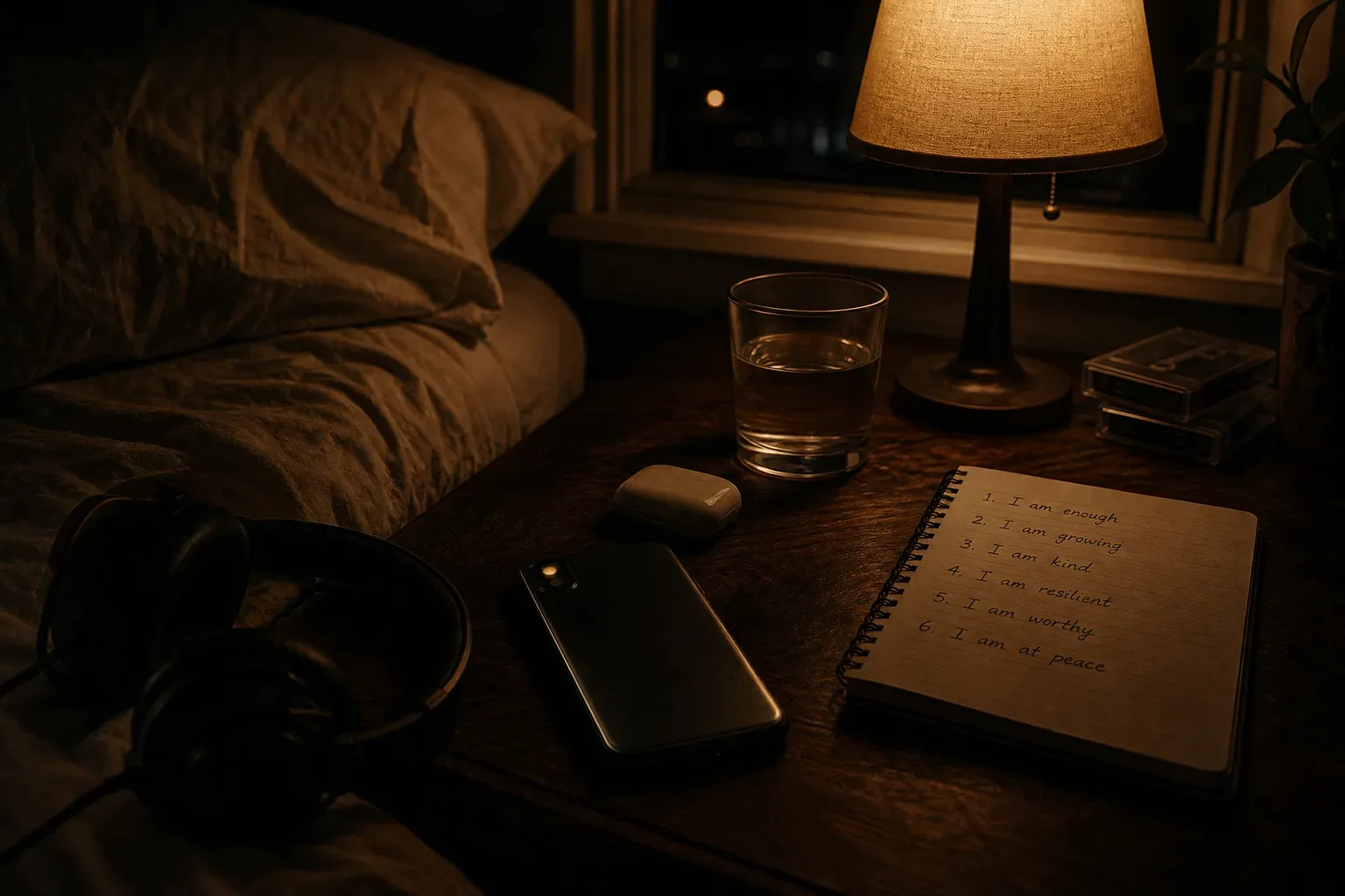 Phone recording app beside a dim bedside lamp