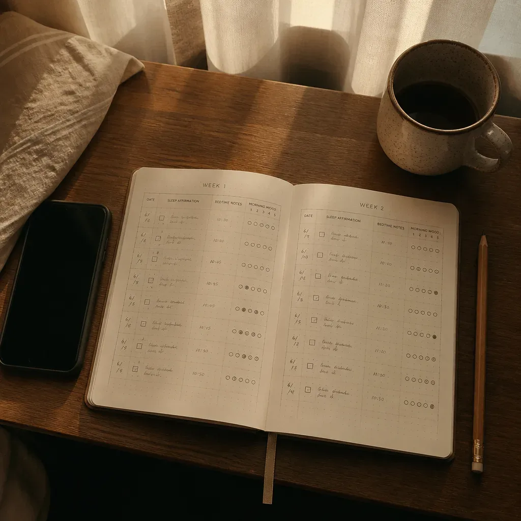 Notebook tracking two weeks of sleep affirmations
