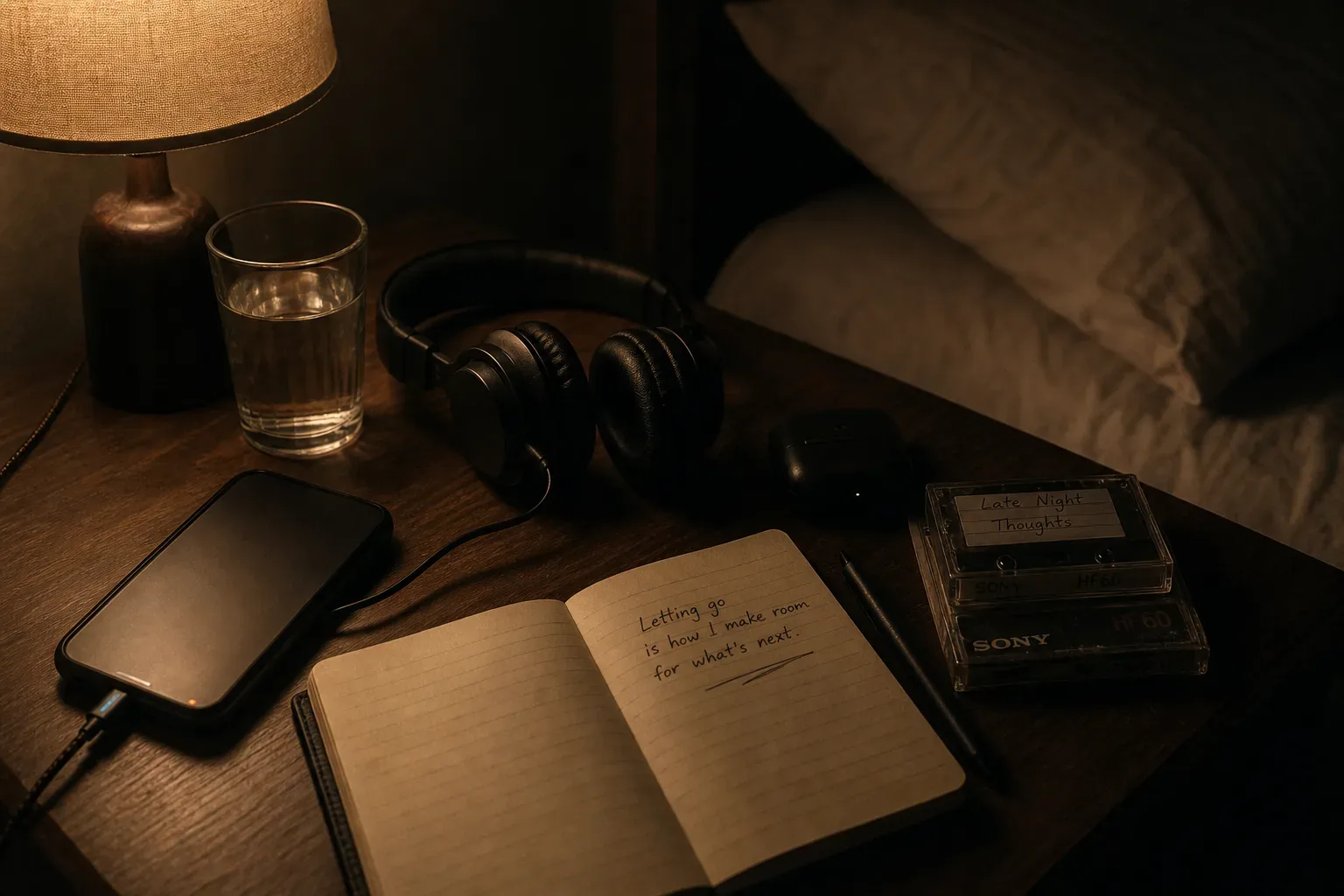 Headphones beside a dim lamp on a quiet nightstand