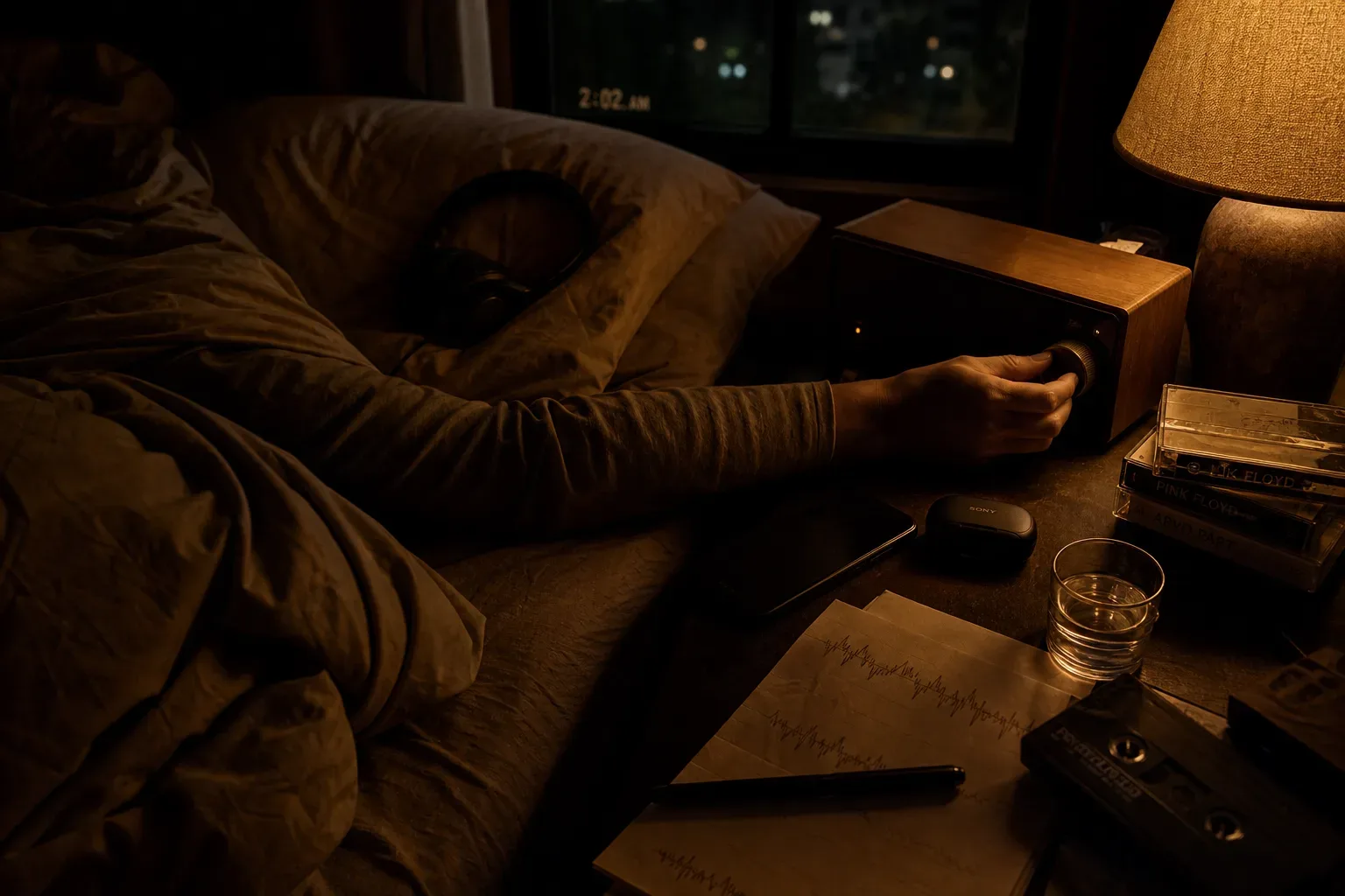 Person setting soft night audio beside a bed