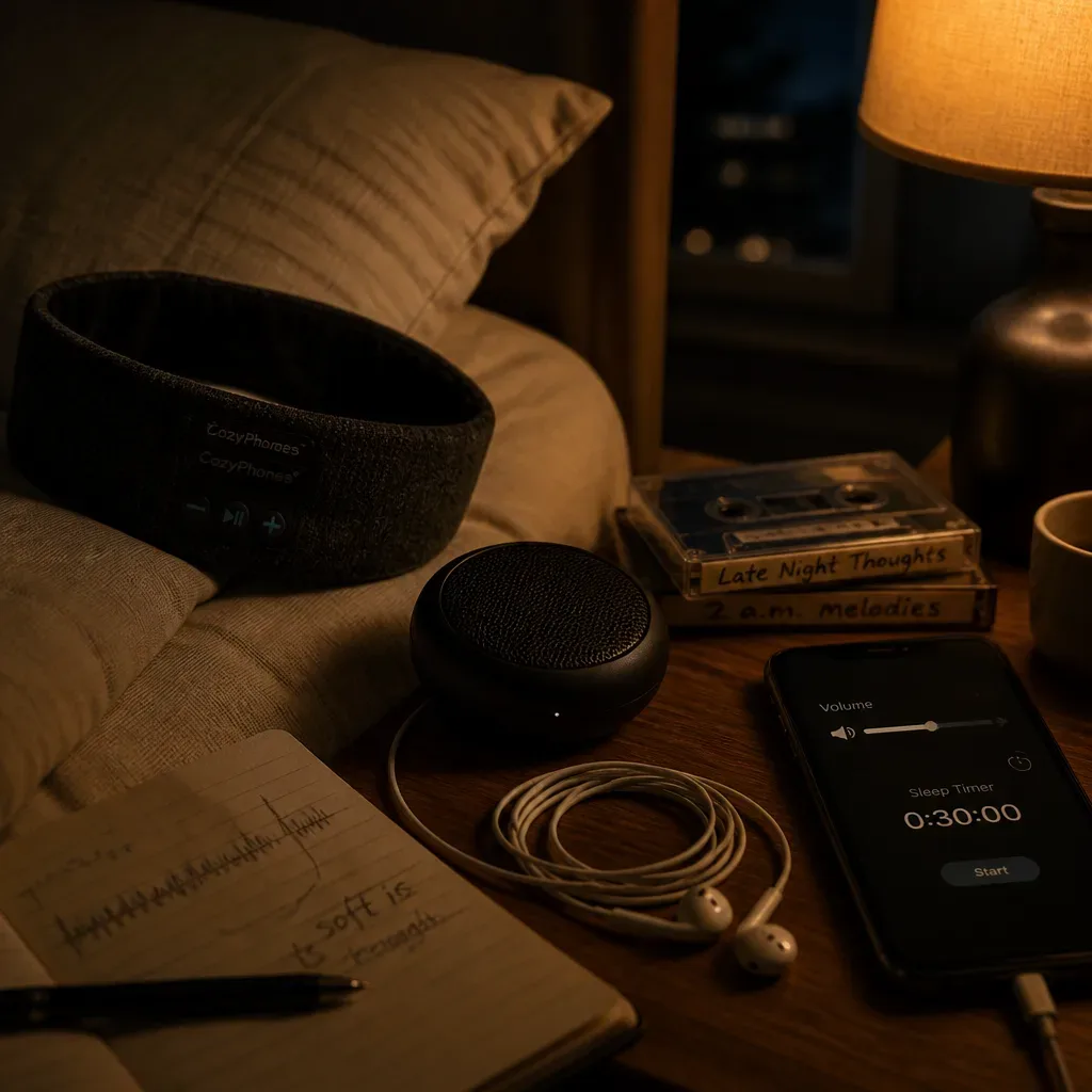 Sleep headphones speaker and earbuds on bedside table