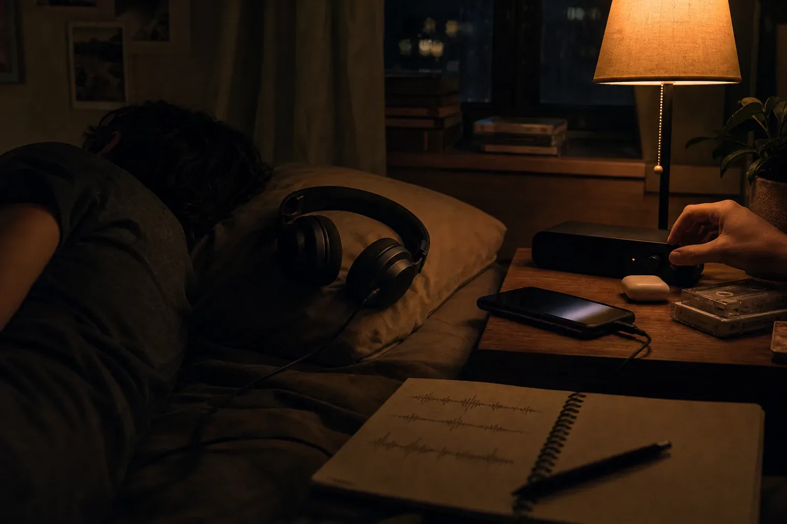Person listening to quiet sleep audio in bed