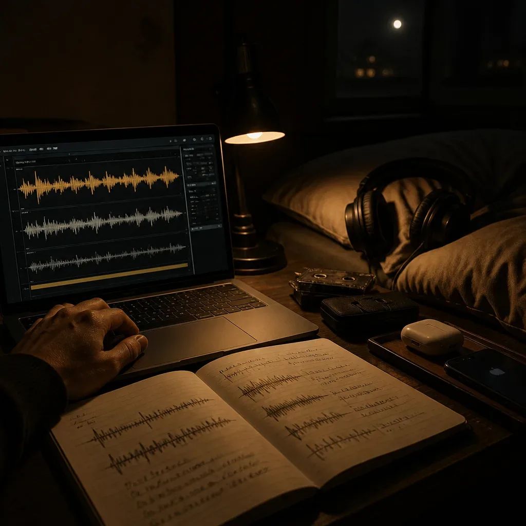 Sleep diary beside layered audio waveforms
