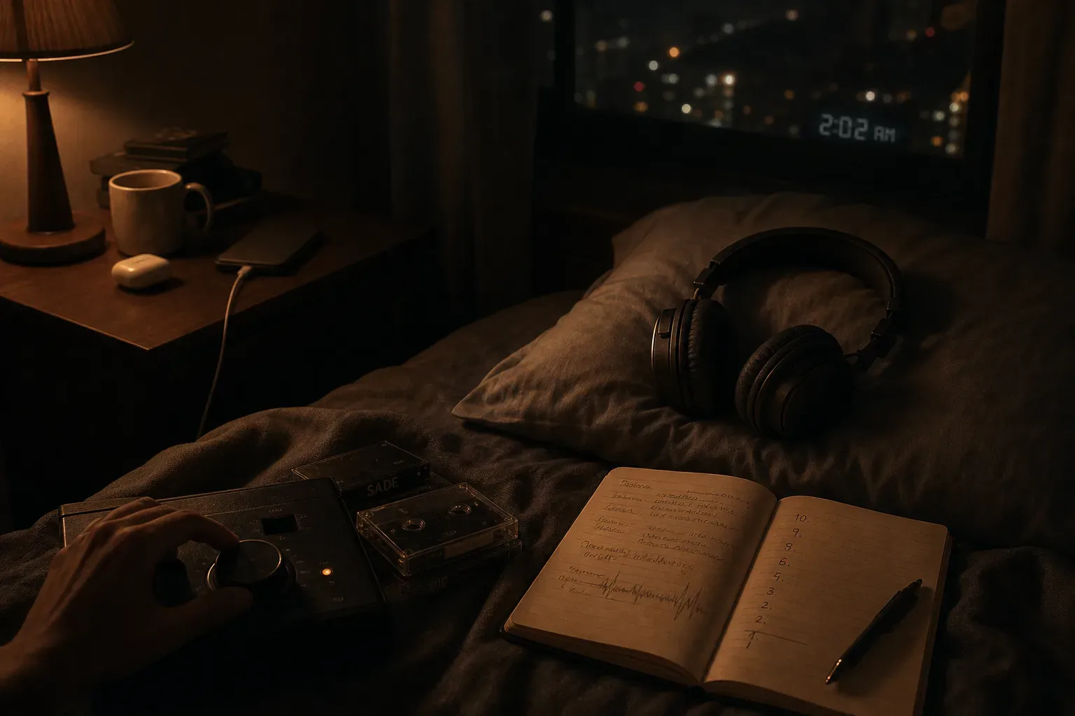 Cuffie accanto a un quaderno su un letto tranquillo