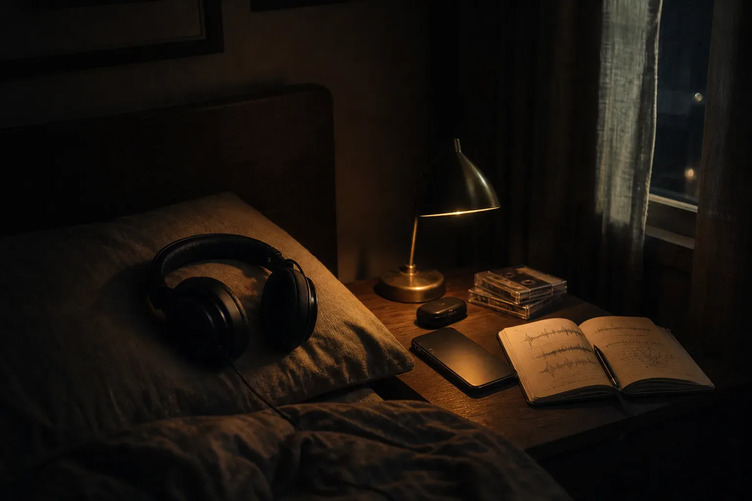 Headphones beside a dim bedside lamp at night