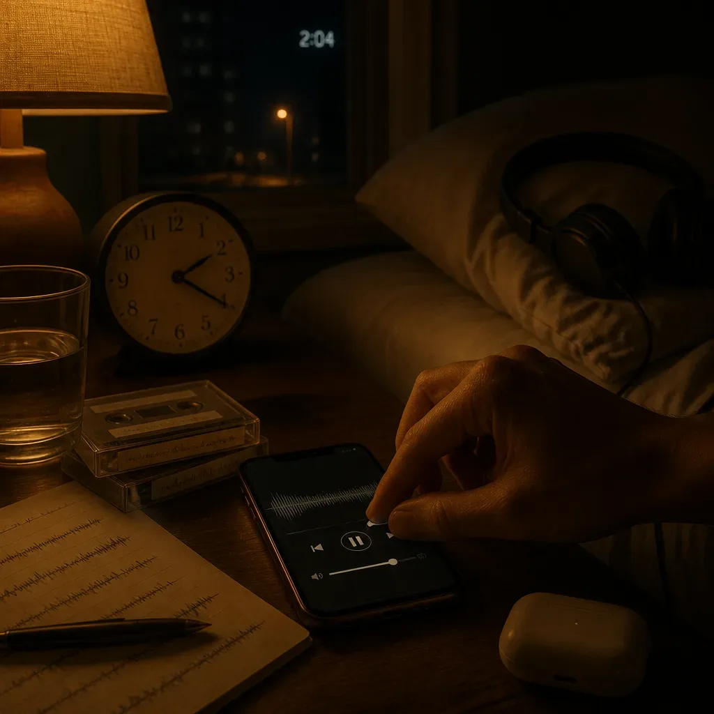 Hand lowering bedtime audio volume on a phone