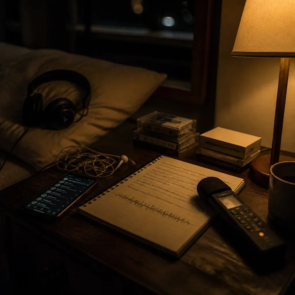 Personal audio script beside tangled earbuds at night