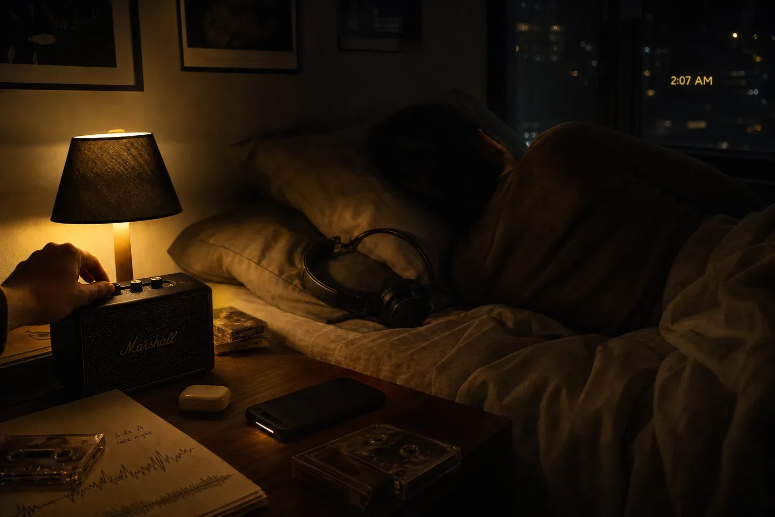 Person listening quietly beside a dim bedside lamp