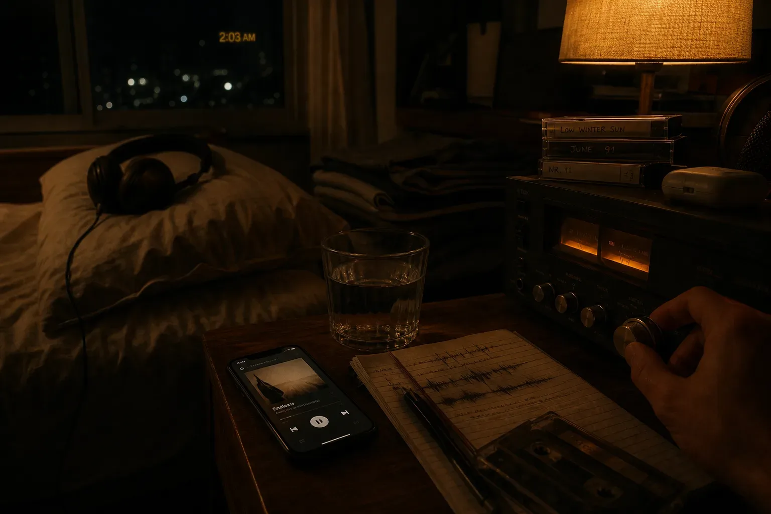 Phone playing sleep audio beside a dark bedroom window