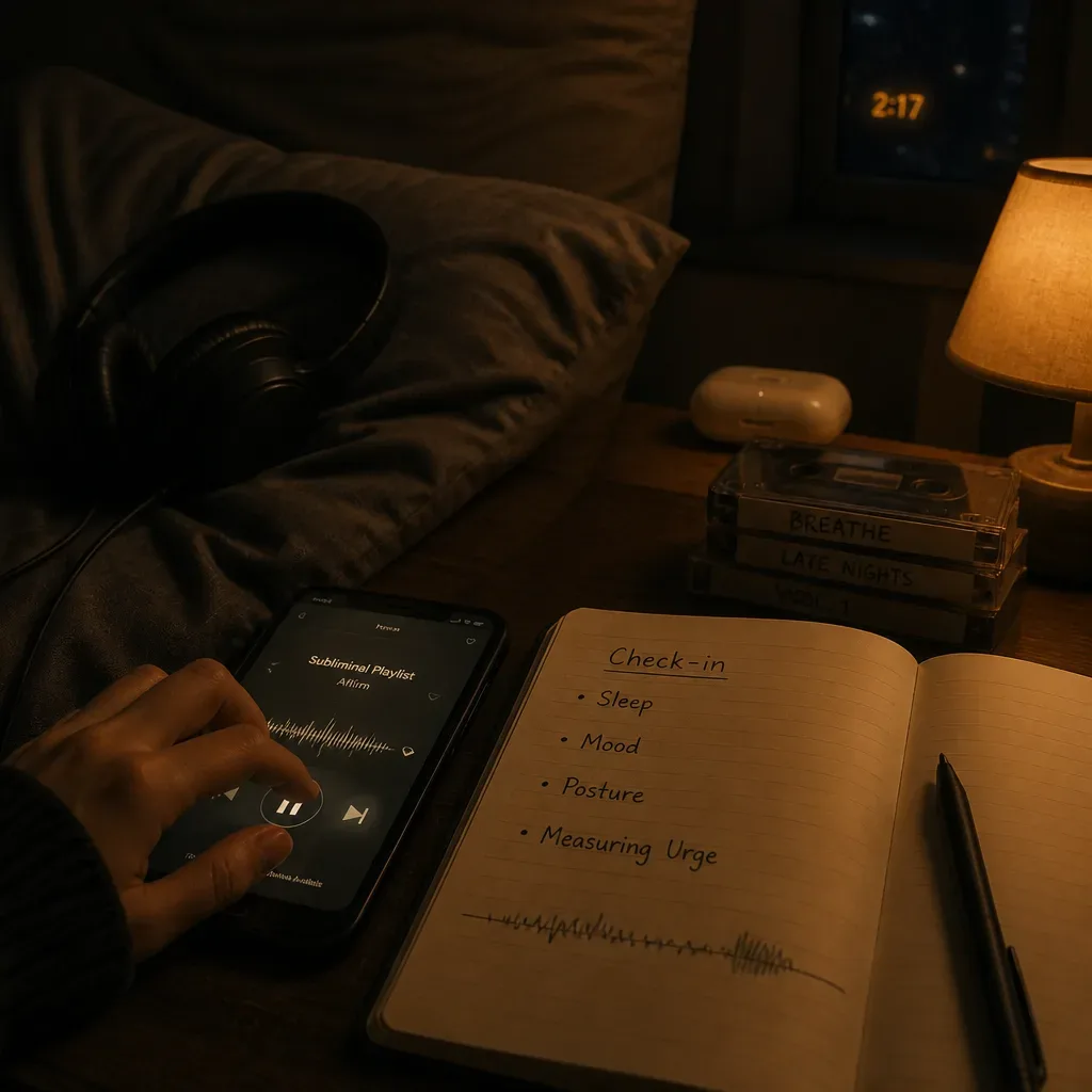 Phone paused beside a sleep audio tracking notebook