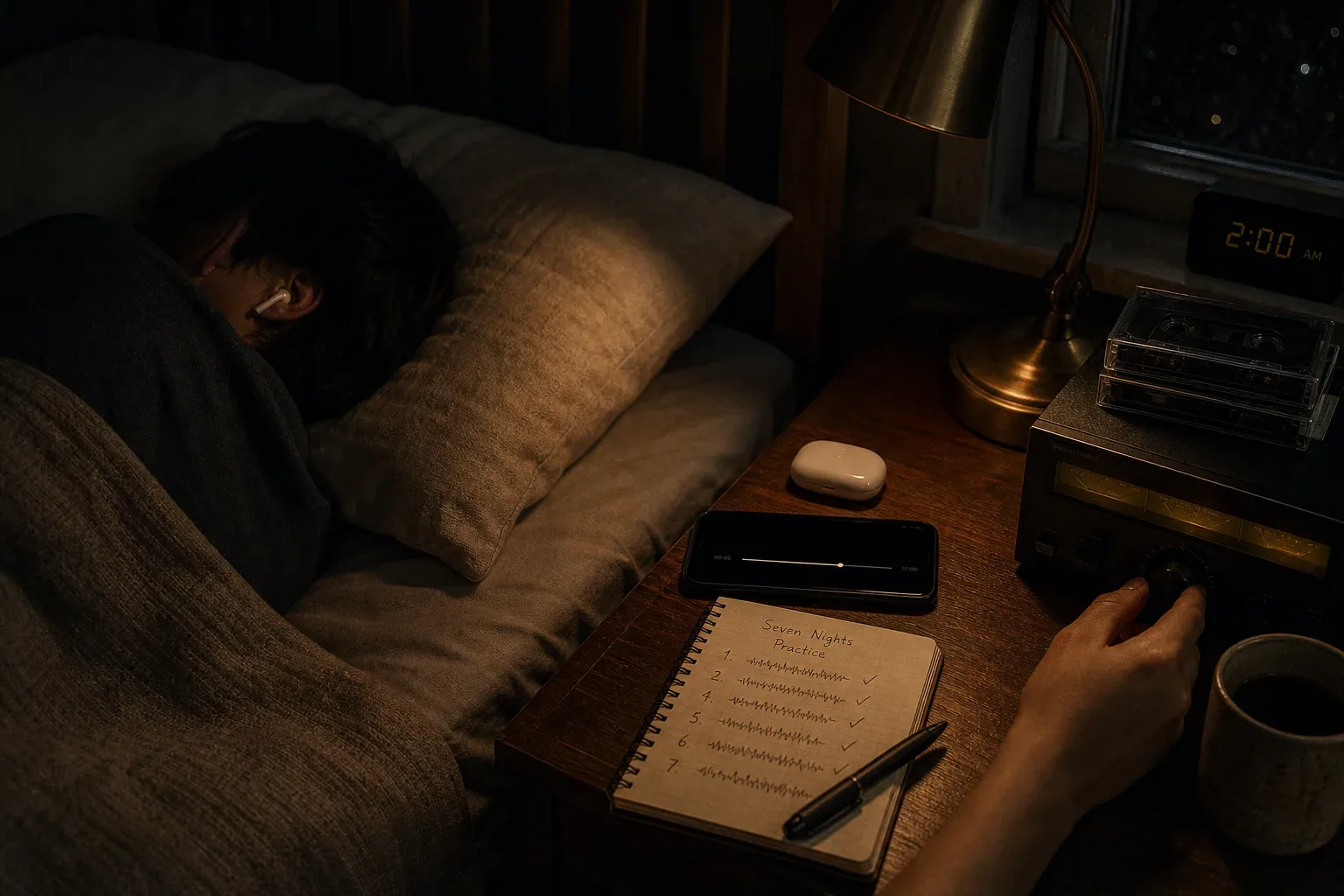 Persona che ascolta un audio leggero a letto di notte