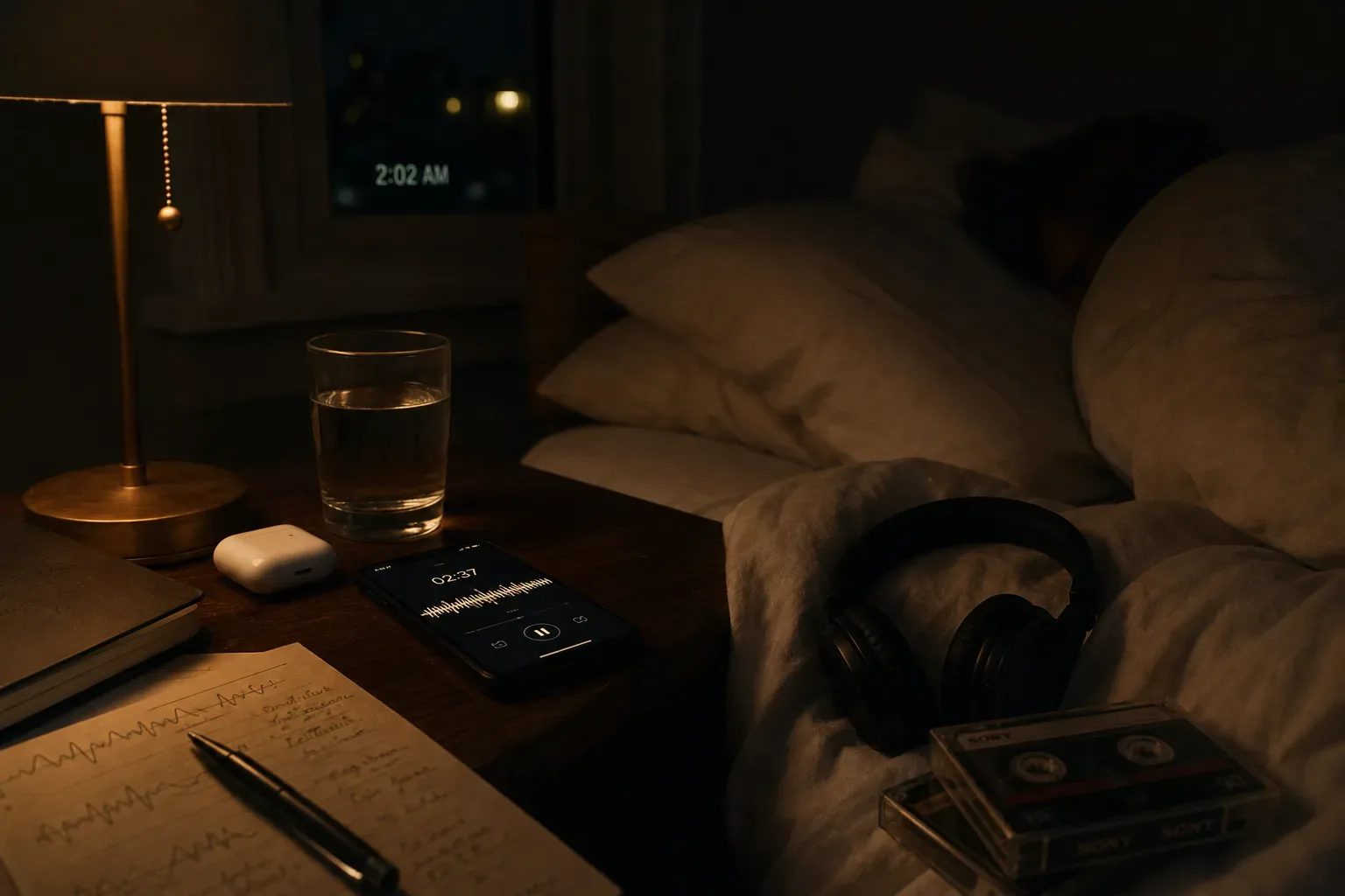 Phone playing quiet audio beside a sleeping bed