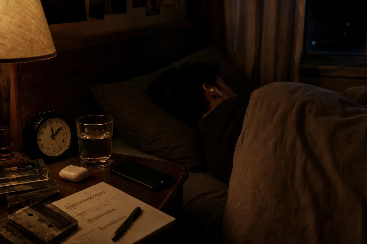Person listening quietly beside a dim bedside lamp