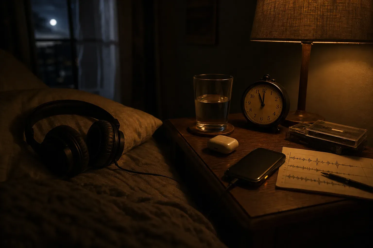 Telefono che riproduce un audio tranquillo accanto a un letto per dormire