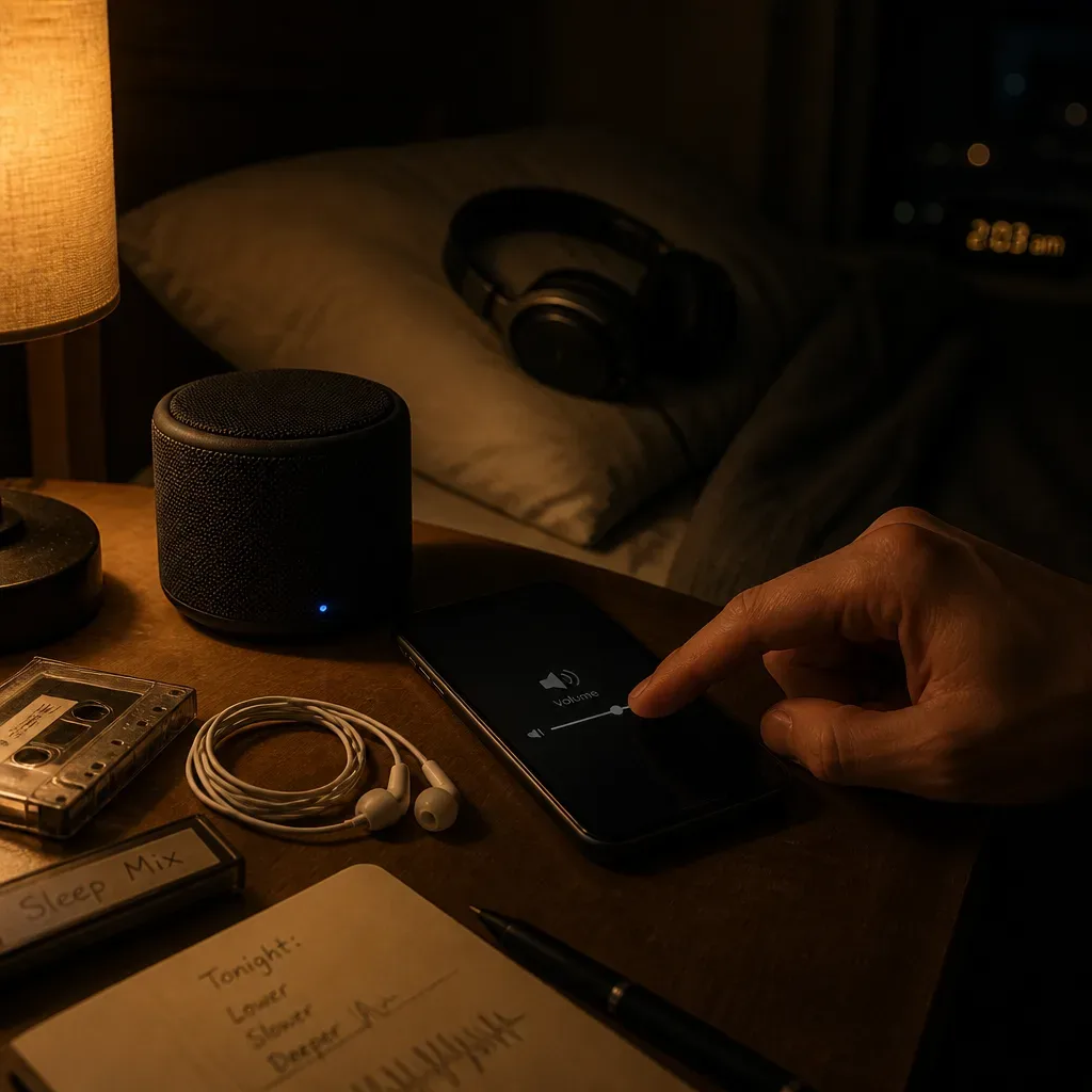 Mano che abbassa il volume del telefono accanto a un altoparlante da comodino