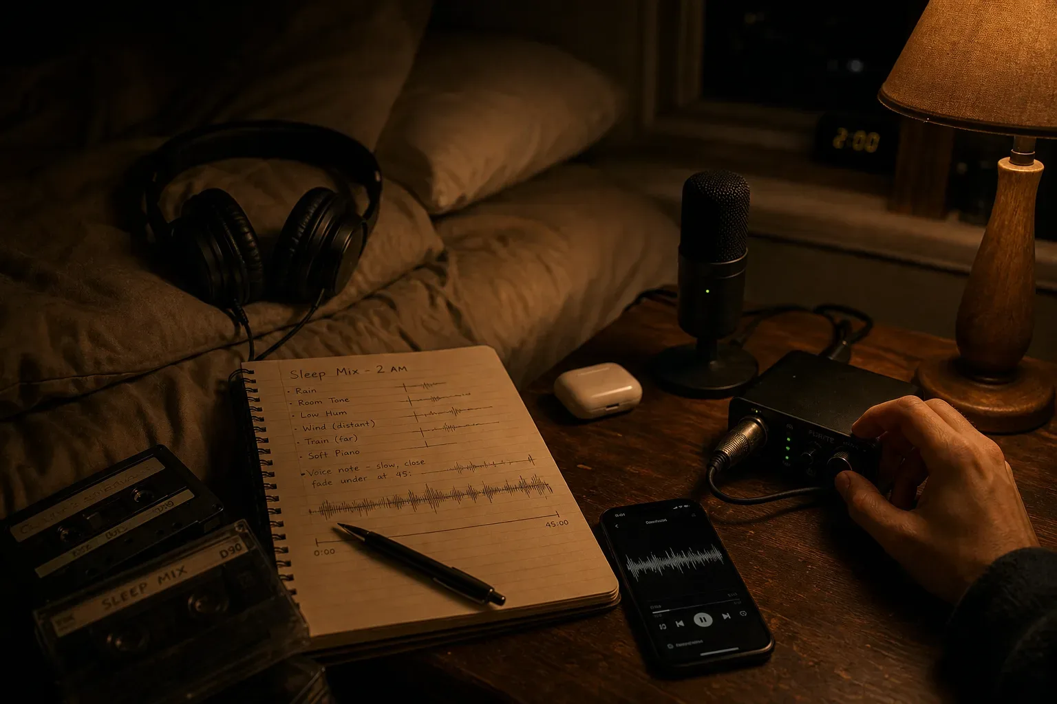 Bedside microphone beside notebook and soft night lamp