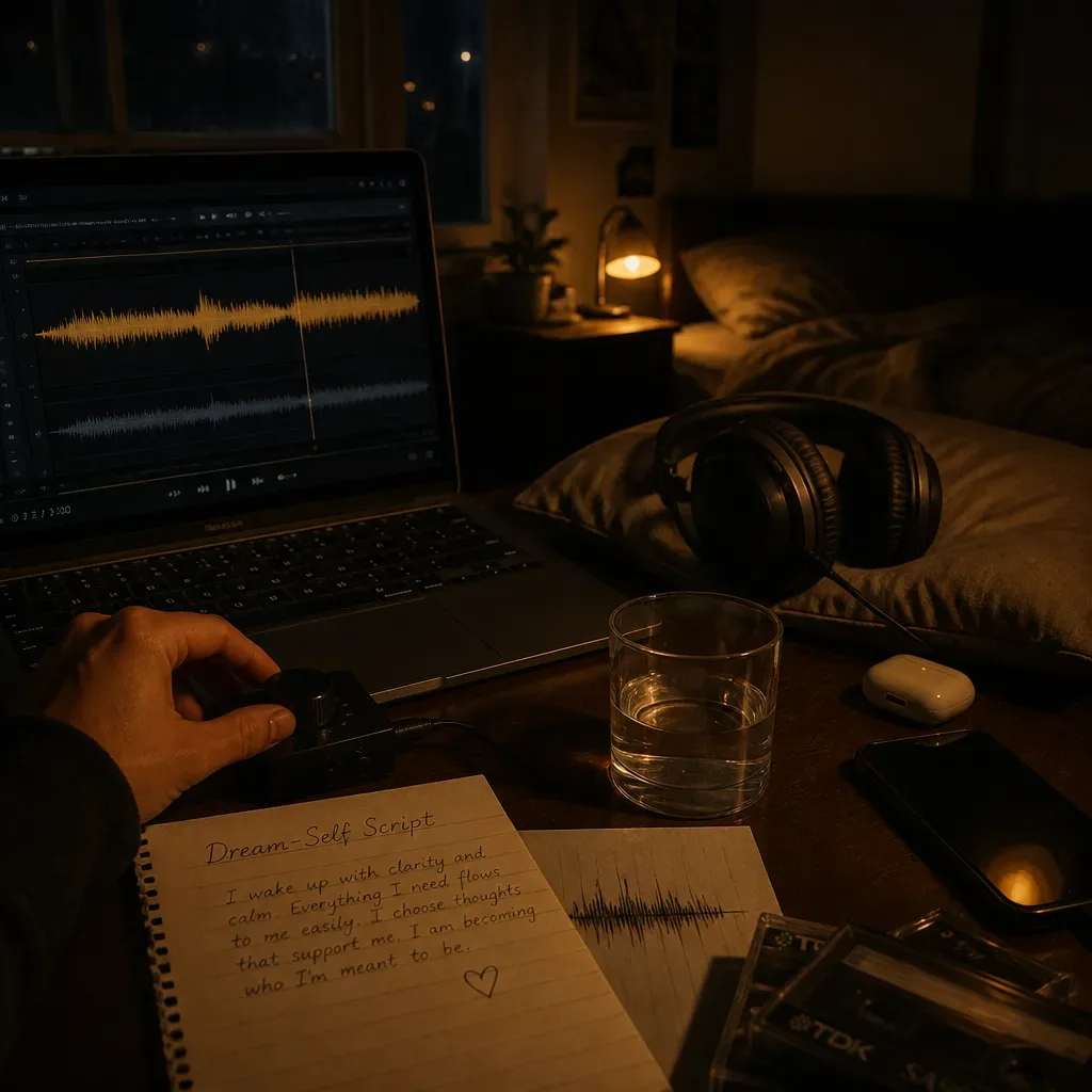 Laptop audio timeline beside handwritten Dream-Self script