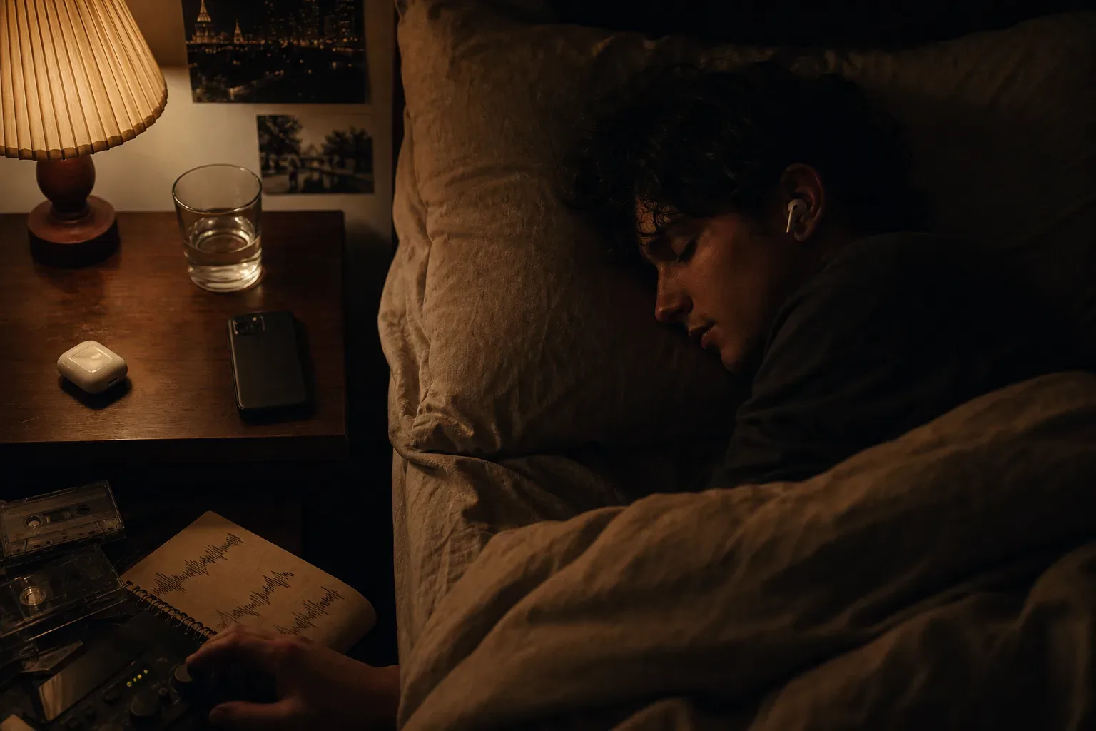 Person resting with headphones beside a dim bedside lamp