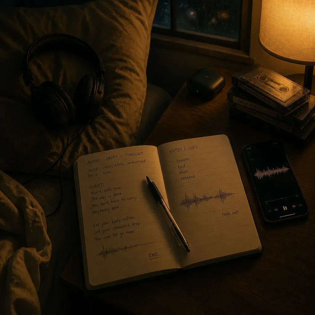 Notebook script beside phone audio waveform at night