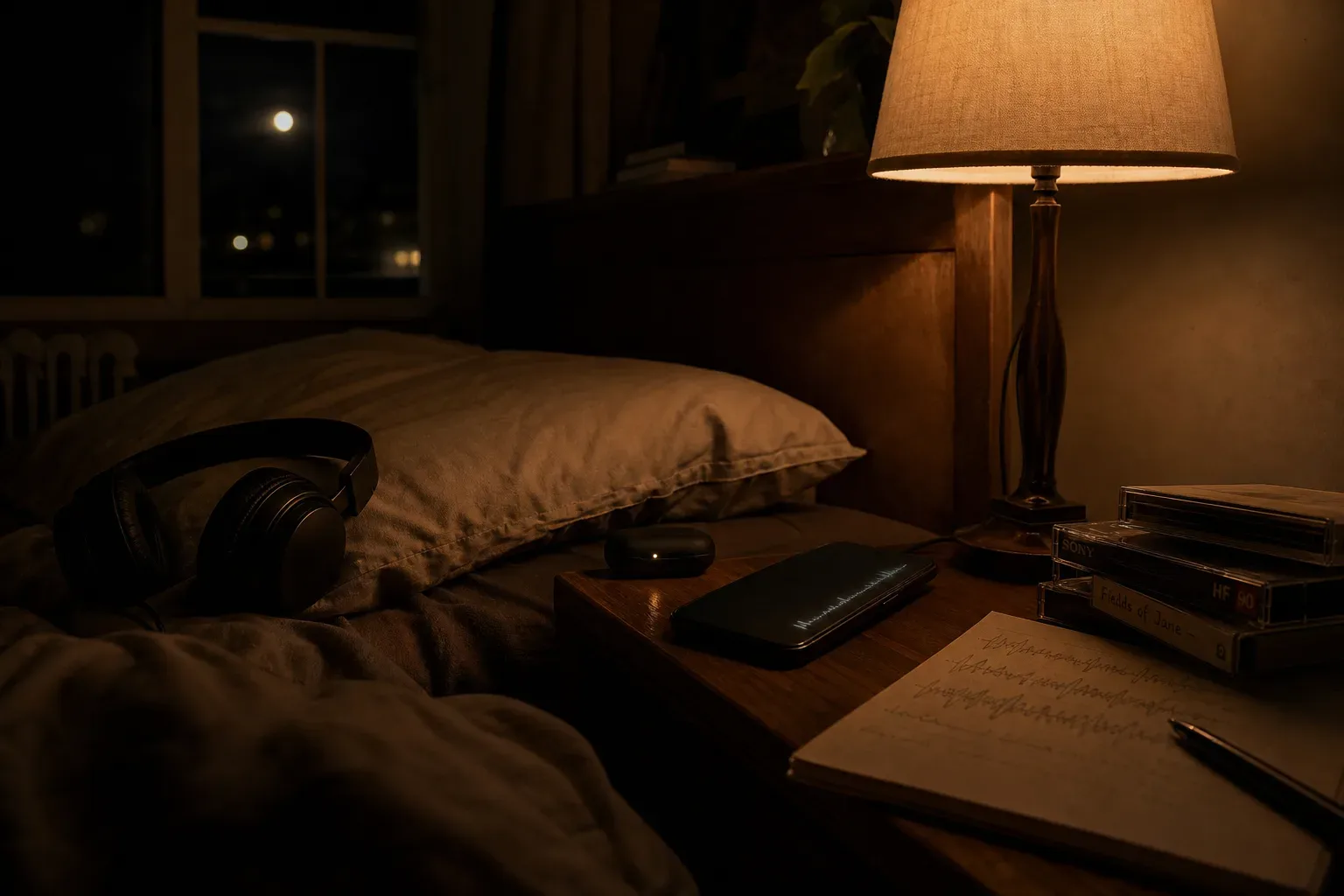 Phone playing soft audio beside a dark bed