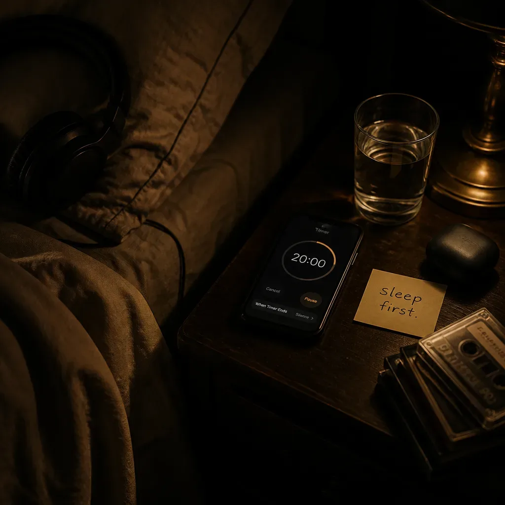 Phone timer set beside a dark bed