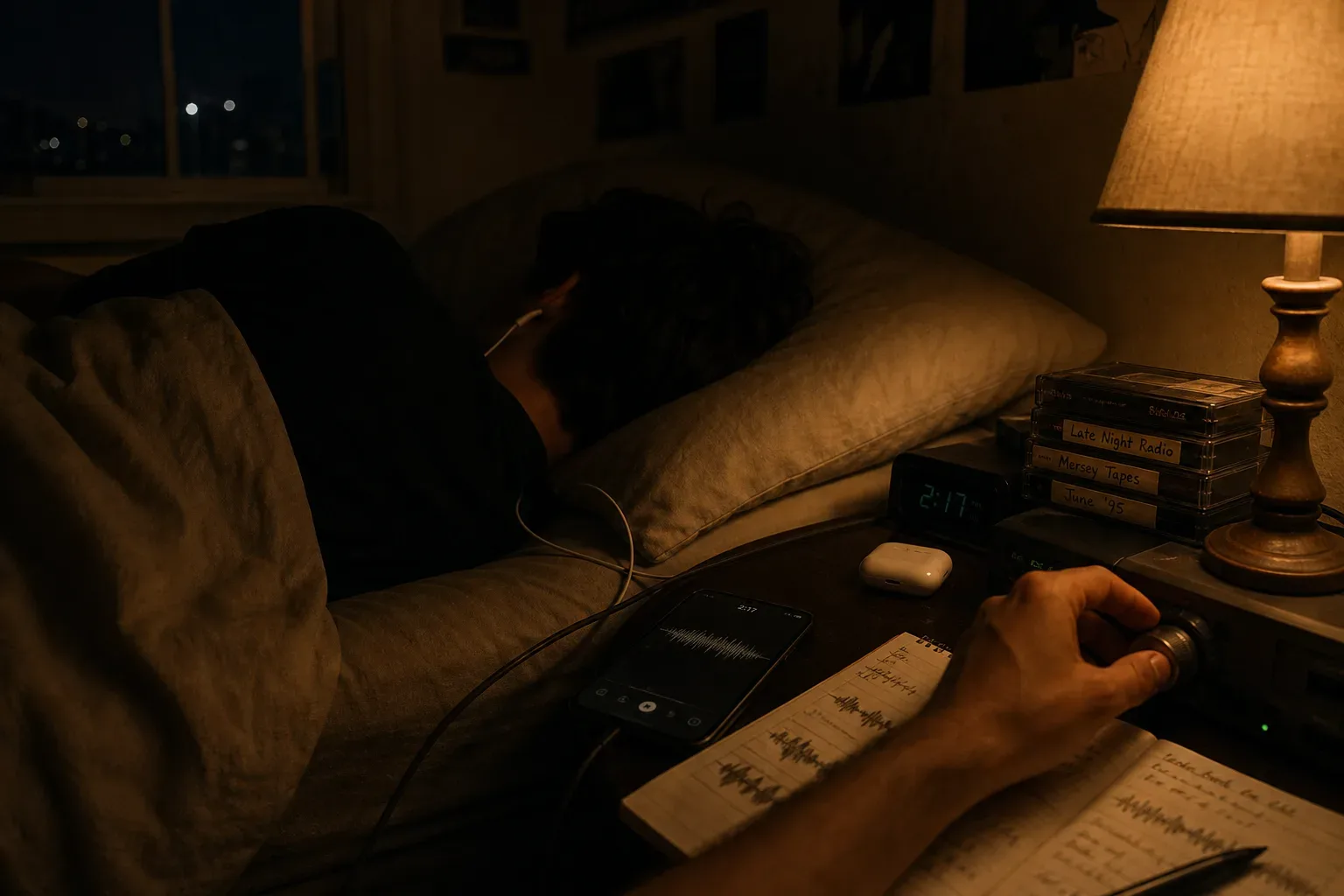 Person resting with headphones beside a dim bedside lamp