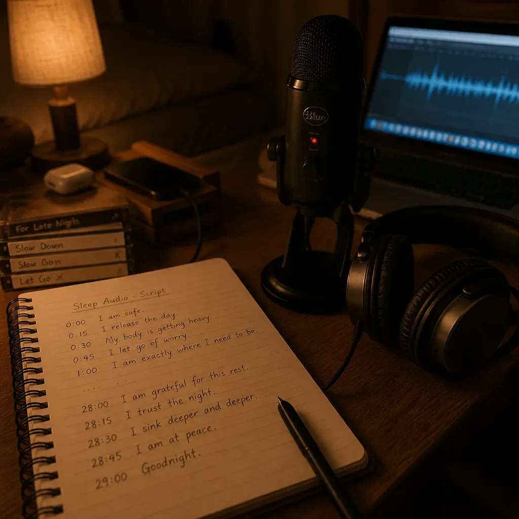 Notebook and microphone for a bedtime audio script
