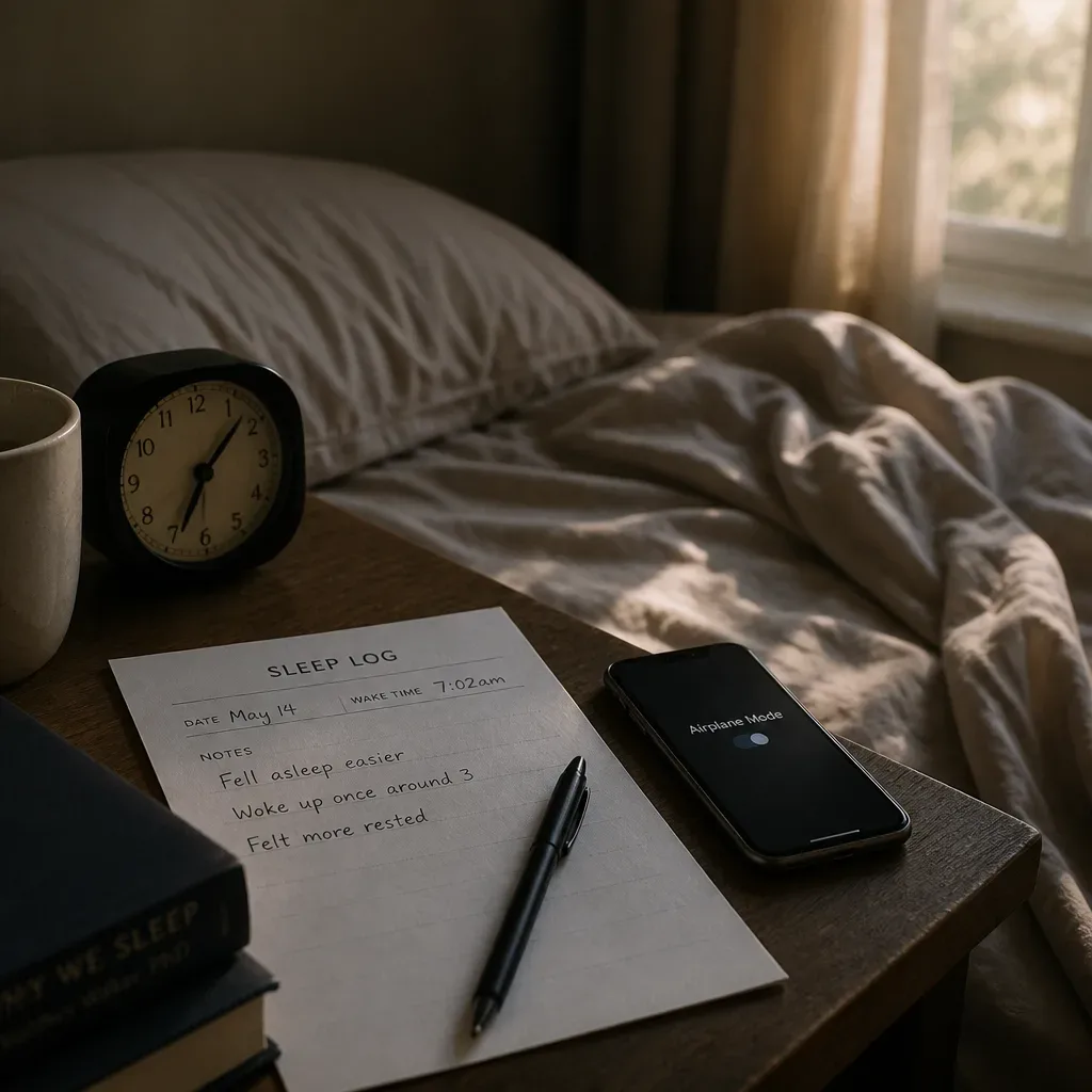 Morning sleep notes beside a quiet bed