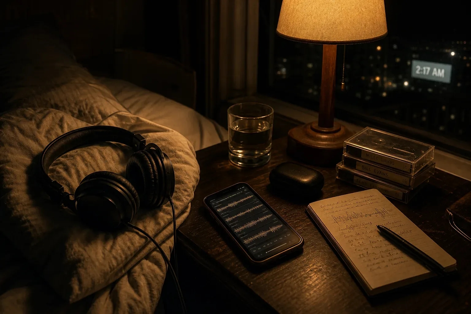 Audífonos junto a pistas de audio en capas sobre una mesa de noche