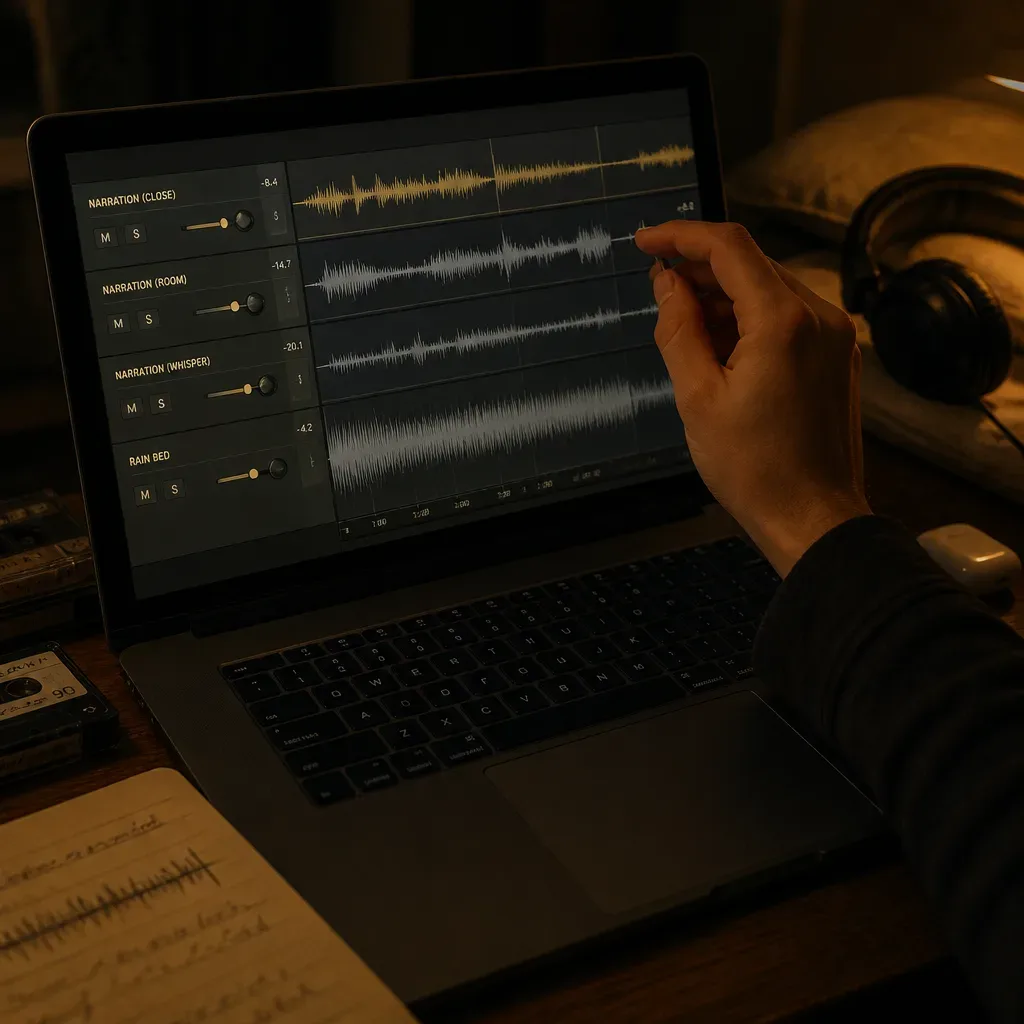 Formas de onda apiladas en una pantalla tranquila de edición de audio