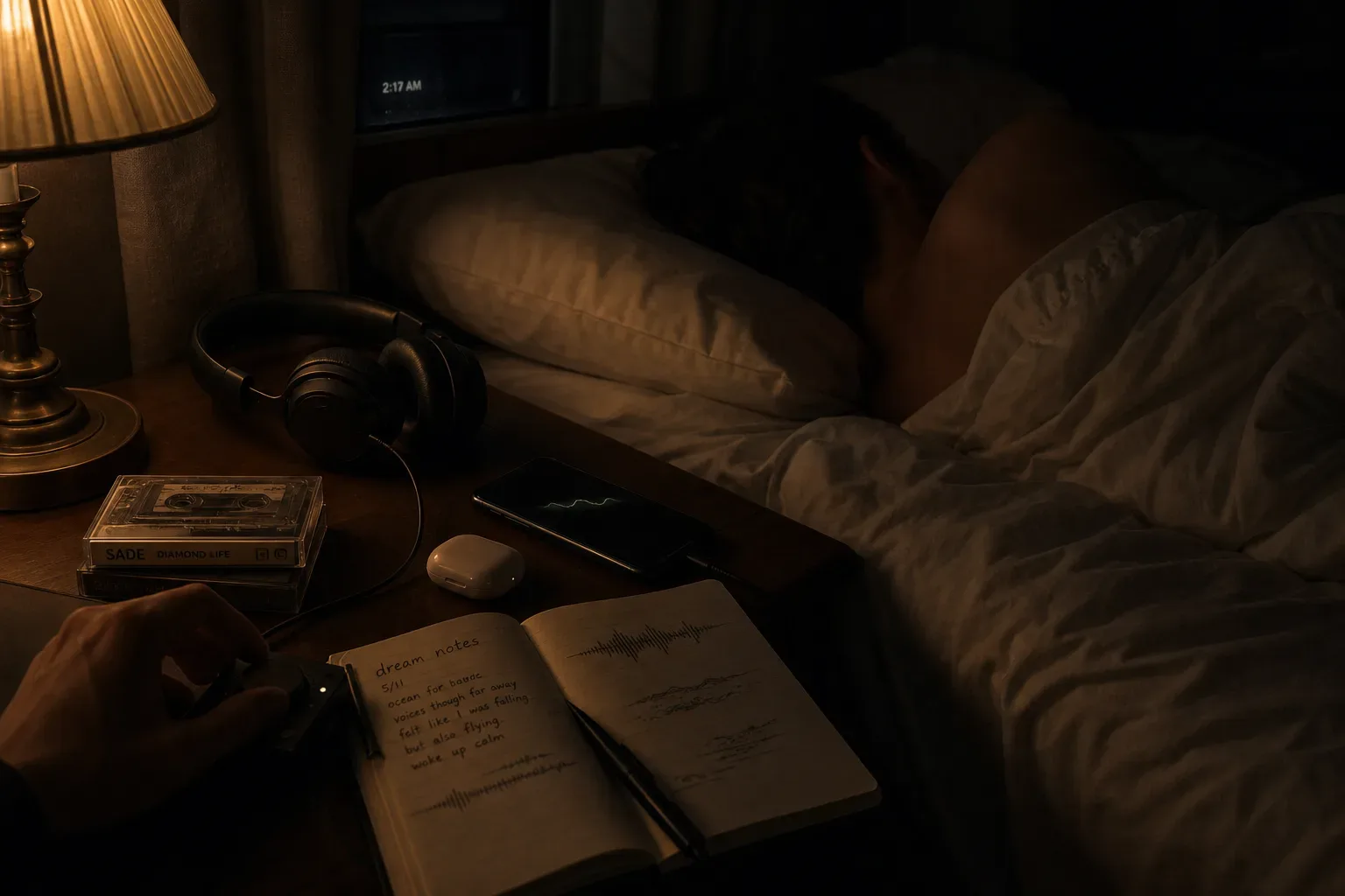 Sleeping listener beside soft bedside audio