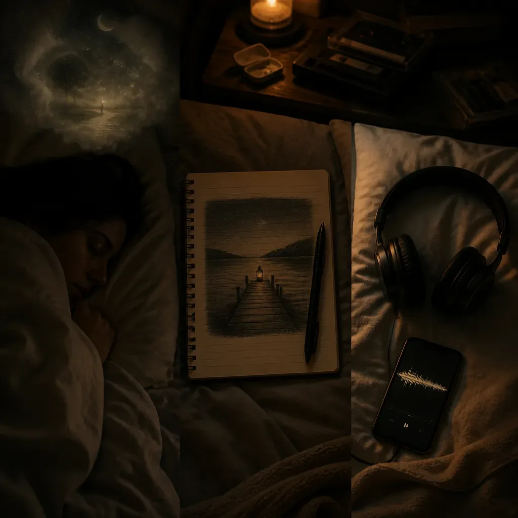 Three quiet sleep practices shown on bedding
