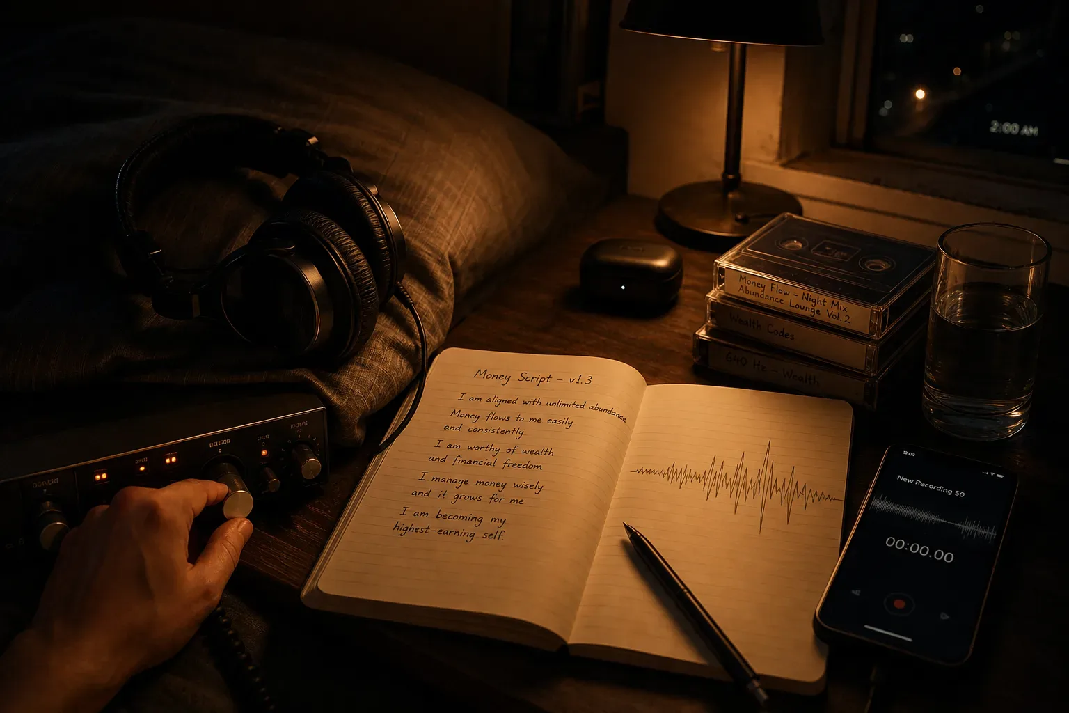 Headphones beside notebook with quiet money script