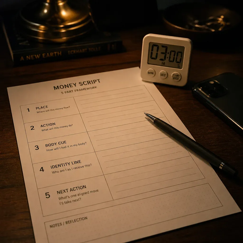 Five-part money script worksheet beside phone