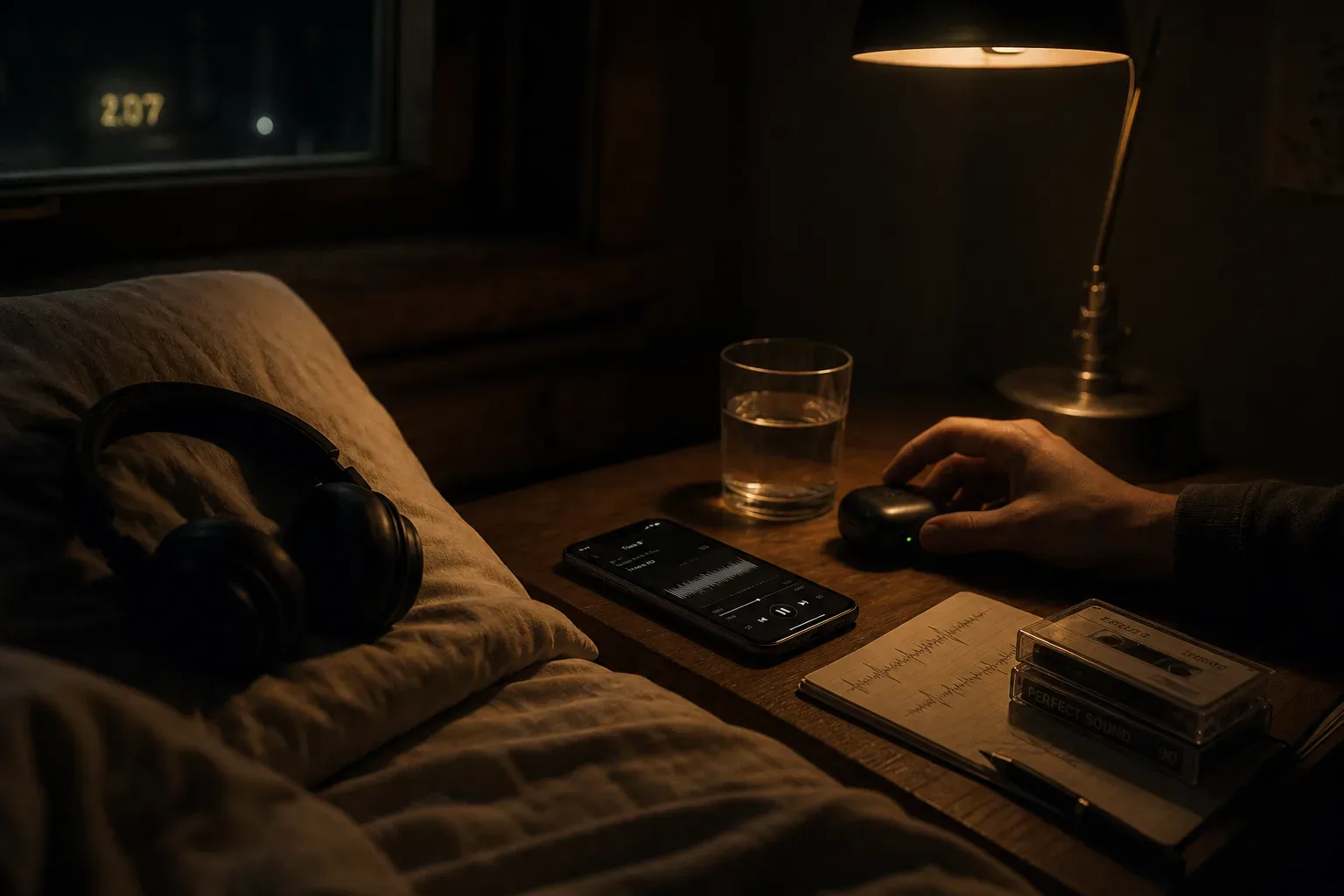 Teléfono reproduciendo audio suave junto a una cama para dormir